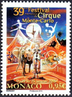 timbre de Monaco N° 2953 légende : 39éme festival ionternational du cirque de Monté-Carlo