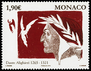 timbre de Monaco N° 2974 légende : 750ème anniversaire de la naissance de Dante Alighieri