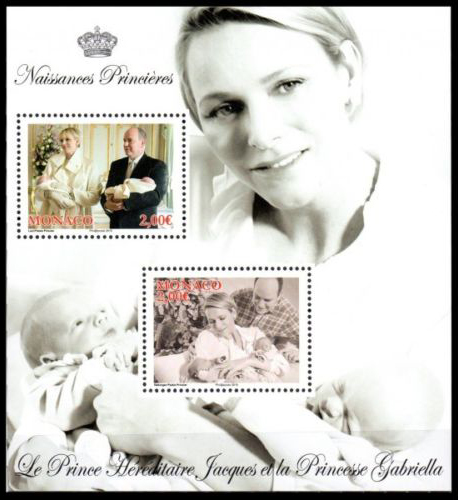 timbre de Monaco N° F2975 légende : Naissance princière : Prince Jacques et Princesse Gabriella