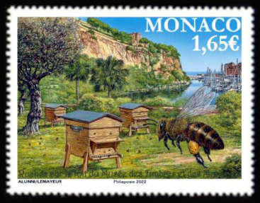 timbre de Monaco x légende : Les ruches du toit du musée des timbres et des monaies