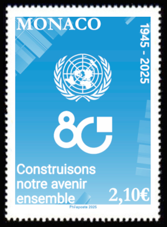 timbre de Monaco x légende : 80 ans de l'oranisation des Nations UNIES