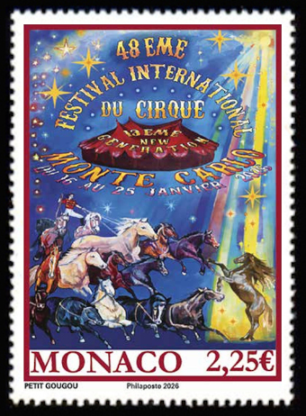timbre de Monaco x légende : 48ème festival international du cirque de Monte-Carlo