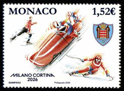 timbre de Monaco x légende : Jeux olympiques d'hiver de Milano Cortina 2026