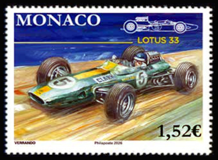 timbre de Monaco x légende : Voiture de course mythique Lotus 33