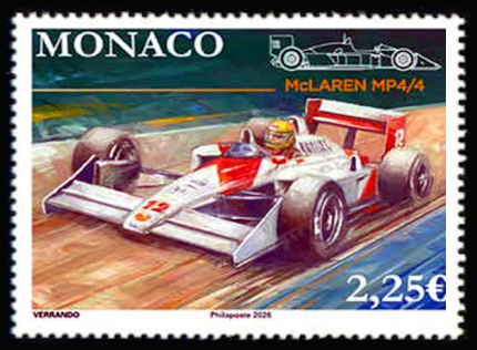 timbre de Monaco x légende : Voiture de course mythique Mclaren 4/4