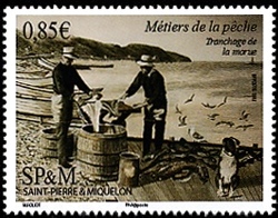 timbre de Saint-Pierre et Miquelon N° 1183 légende : Série MPM autrefois, Tranchage de la morue