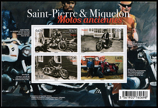 timbre de Saint-Pierre et Miquelon N° F1185 légende : Motos anciennes -bloc feuillet de 4 timbres