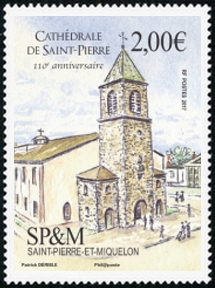 timbre de Saint-Pierre et Miquelon N° 1196 légende : 110ème anniversaire de la Cathédrale Saint-Pierre