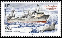 timbre de Saint-Pierre et Miquelon N° 1178 légende : Chalutier : Le Dauphin, armement LEBRUN (Fécamp)