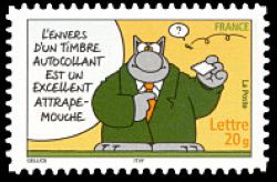  Sourires avec le chat du dessinateur Philippe Geluck <br>L'envers d'un timbre autocollant est un excellent attrape-mouche