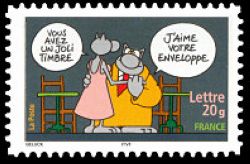  Sourires avec le chat du dessinateur Philippe Geluck <br>Vous avez un joli timbre, j'aime votre enveloppe