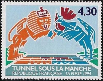  Inauguration du tunnel sous la Manche - Lion britanique et Coq gaulois 