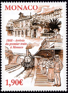 timbre de Monaco N° 3145 légende : 150 ans de l'arrivée du premier train à Monaco