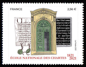  École nationale des chartes (1821-2021) <br>Au centre vue du portail d’entrée de la Sorbonne