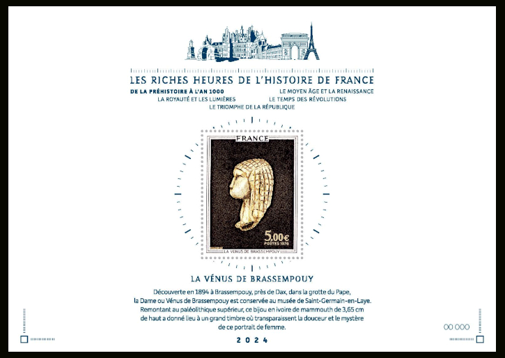  Les riches heures de l'histoire de France - De la préhistoire à l'an 1000 <br>Timbre Vénus de Brassempouy à la valeur faciale de 5 €, dans sa couleur d'origine. - Feuillet numéroté (numérotation en continu de 00001 à 10000 de couleur bleu).