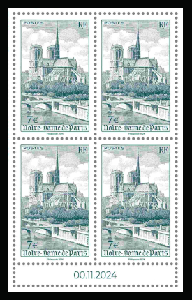  Notre Dame de Paris <br>Bloc de 4 timbres, réimpression du timbre, dessiné et gravé par Jules Piel, émis le 6 janvier 1947