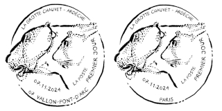 Oblitération 1er jour du 7 au 9 novembre 2024<br>- Au carré d'Encre de 10h à 19h, 13 bis rue des Mathurins, 75009 PARIS<br>- Grotte Chauvet, les jeudi 7 et vendredi 8 novembre de 10 à 17h, 4941 Route de Bourg Saint Andéol, 07150 VALLON-PONT-D'ARC.<br>- Salon Philatélique d’Automne, Espace Champerret Hall A - 6, rue Jean Ostreicher, 75017 PARIS. Métro Porte de Champerret Ligne 3 - ENTRÉE GRATUITE. Du jeudi 7 au samedi 9 novembre 2024 de 10h à 18h (sauf le samedi jusqu’à 17h).