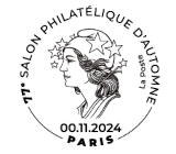 Oblitération 1er jour du 7 au 9 novembre 2024<br>- Au carré d'Encre de 10h à 19h, 13 bis rue des Mathurins, 75009 PARIS<br> -Salon Philatélique d’Automne, Espace Champerret Hall A - 6, rue Jean Ostreicher, 75017 PARIS. Métro Porte de Champerret Ligne 3 - ENTRÉE GRATUITE. Du jeudi 7 au samedi 9 novembre 2024 de 10h à 18h (sauf le samedi jusqu’à 17h).